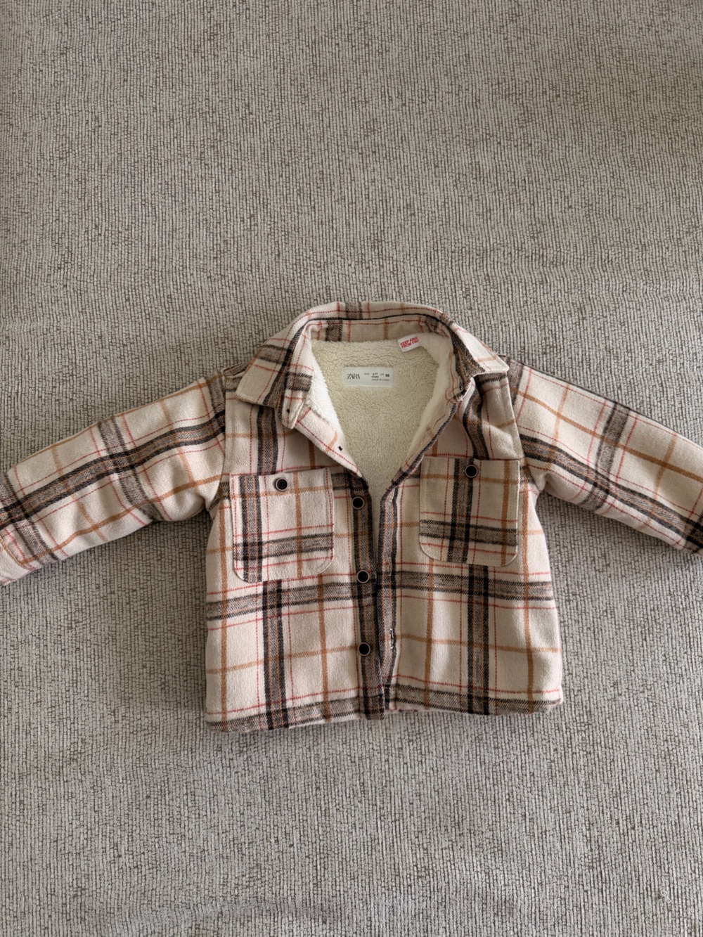 Kids Zara Beige and Brown Plaid Sherpa-Lined Button Shirt Jacket 18 mo